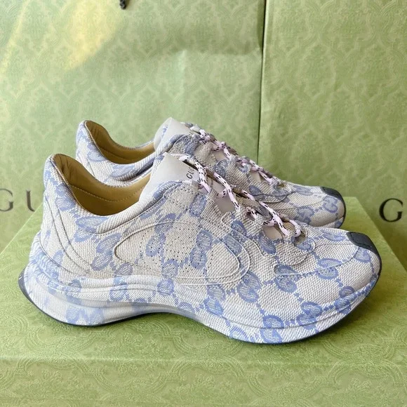 Gucci Monogram Run Runner GG Logo Sneaker Beige Blue Mens UK 8 US 8.5